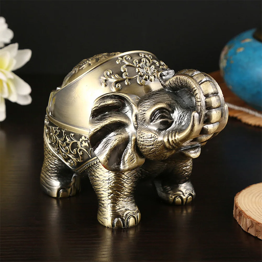 

Home Decor Office Windproof Indoor Outdoor Portable Metal Ashtray Desk Gift With Lid Hand Carved Elephant Shape Vintage