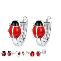 eleshe spring cute 925 sterling silver exquisite earrings heart red ladybug stud earrings for women girls kids jewelry