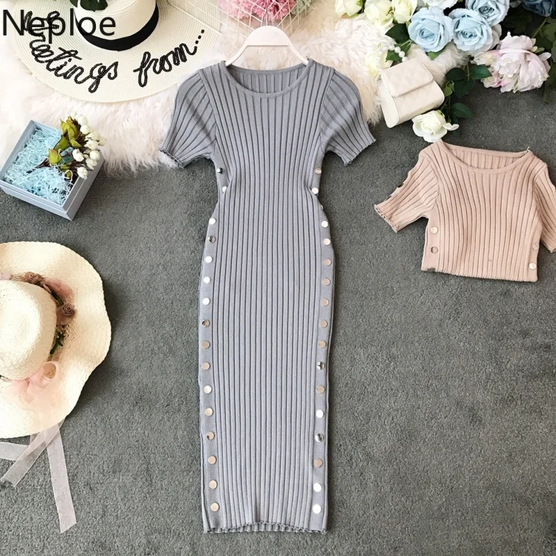 Трикотажное платье Neploe с коротким рукавом Женские однотонные платья круглым