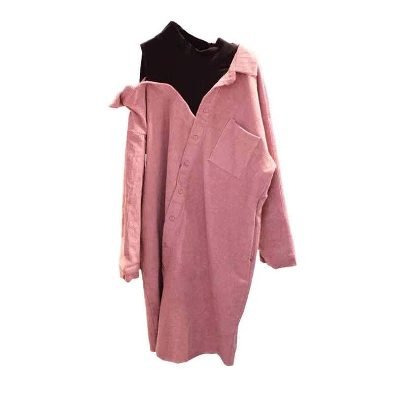 Женское вельветовое платье-рубашка без бретелек KYMAKUTU розовое Повседневное