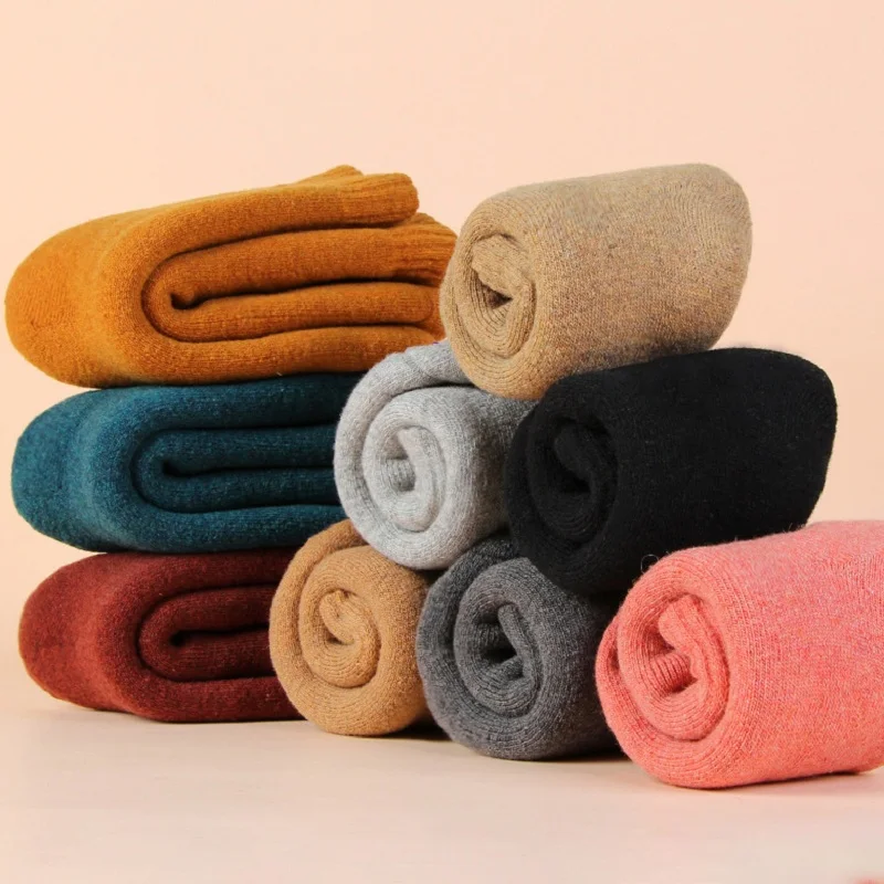 

4 Pairs Thick Socks Women Autumn Winter Terry Merino Wool Socks Plus Velvet Snow Girl Long Tube Warm Floor Towel