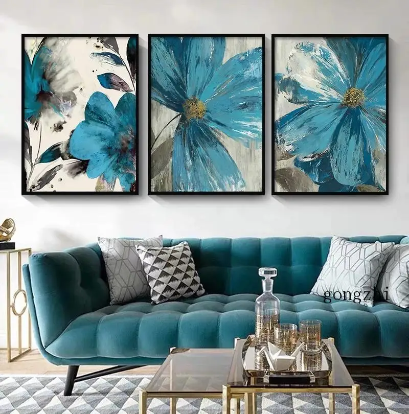 

Vintage Abstract Blue Paint Floral Poster Blooming Flowers Canvas Painting and Prints Wall Art Picture Living Room Home Decor