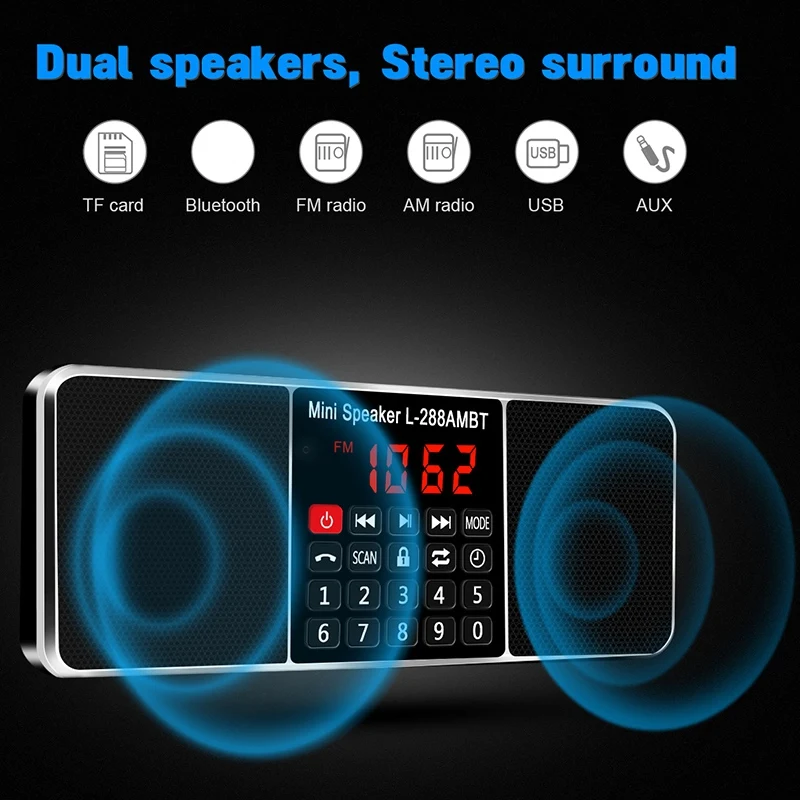 

Digital Portable Radio AM FM Bluetooth Speaker Stereo MP3 Player TF/SD Card USB Drive Call LED Display Speakers