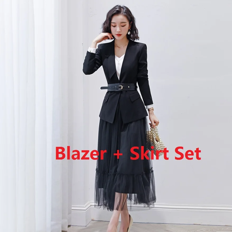 Blazer and Skirt Set Офисный женский черный блейзер женские деловые костюмы с юбкой и курткой наборы рабочая одежда - Цвет: Blazer and Skirt Set