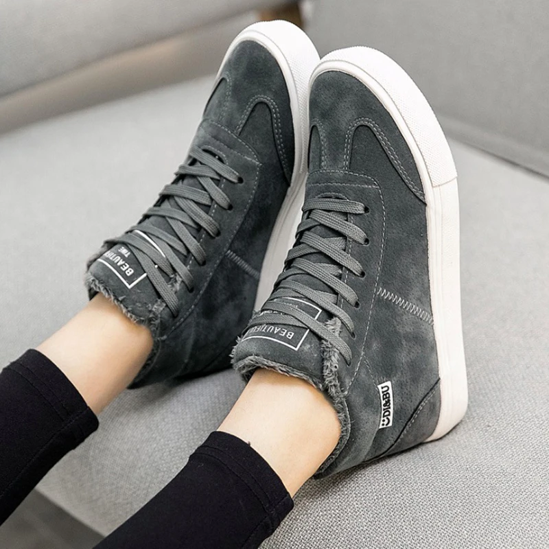 Grey women shoes Женская Повседневная обувь; коллекция года; Модные женские кроссовки из флока; обувь на плоской платформе; теплая плюшевая женская обувь; зимняя обувь с высоким берцем - Цвет: Grey women shoes