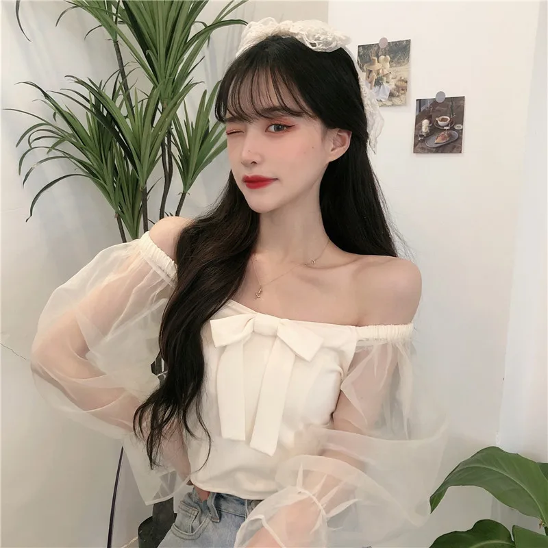 

Sweet style bow crop top spring autumn Women's Clothing square sleeve Blouses Korean patchwork mesh solid Shirts Female fashion