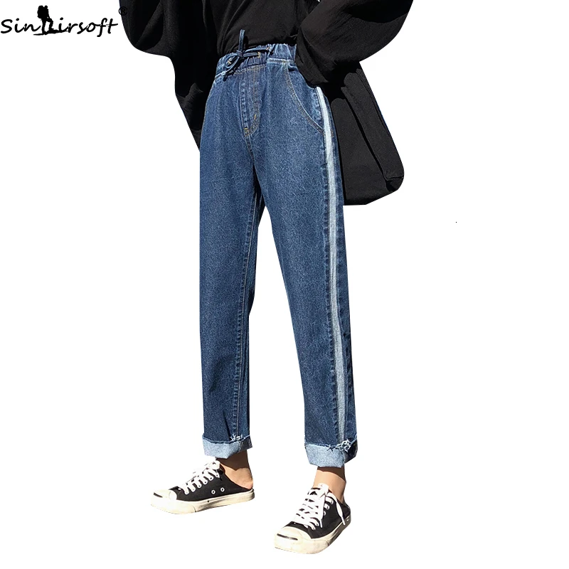 Ранняя осень новые свободные удобные эластичные талии прямые джинсы женские модные трендовые старые широкие брюки женские