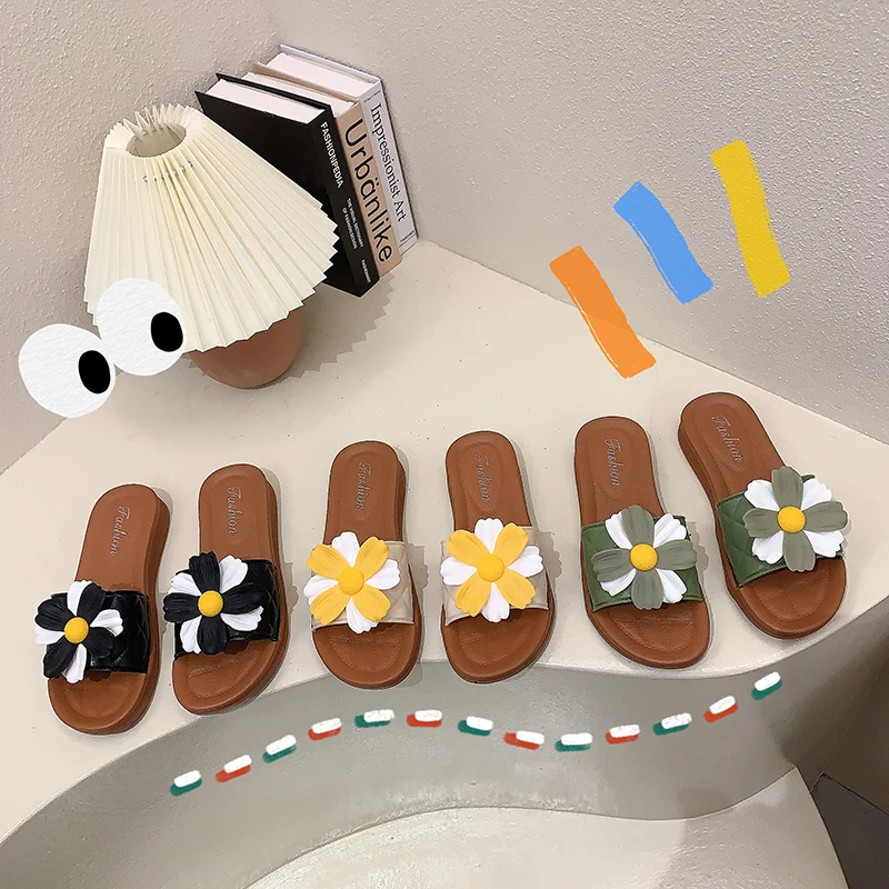 

Slippers Casual Flower Shoes Slides Slipers Women Low Luxury 2021 Flat Rubber Basic Fashion PU Floral Fabric Sweet Shoes Woman 2