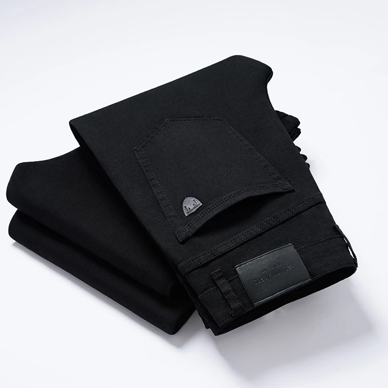 

2021 Autumn Brand Pure Black Fitted Straight Jeans Classic Style Young Men's Casual Slim Stretch Denim Jeans