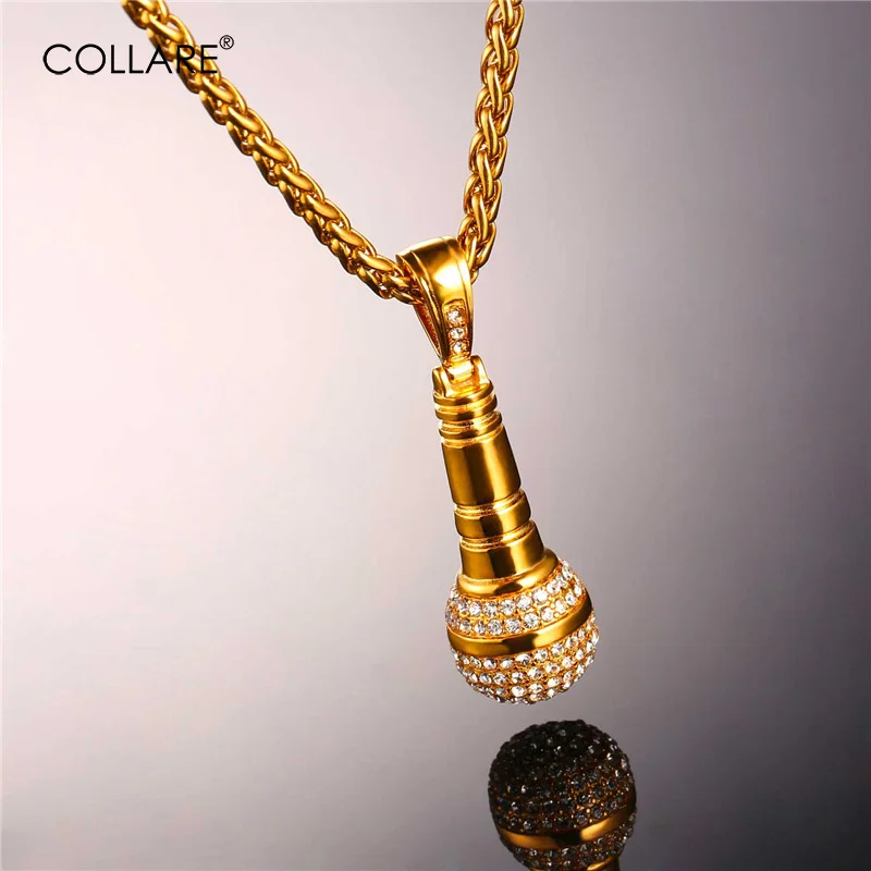 

Collare Ice Out Microphone Pendant Gold Color Rhinestone Rapper Stainless Steel Necklace Hip hop Men Jewelry P105