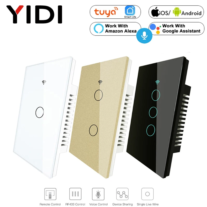 

Умный настенный сенсорный выключатель Wi-Fi, стандарт США, Tuya Smart LifeApp, беспроводной пульт дистанционного управления, Alexa, Google Home, 170-250 В, RF433