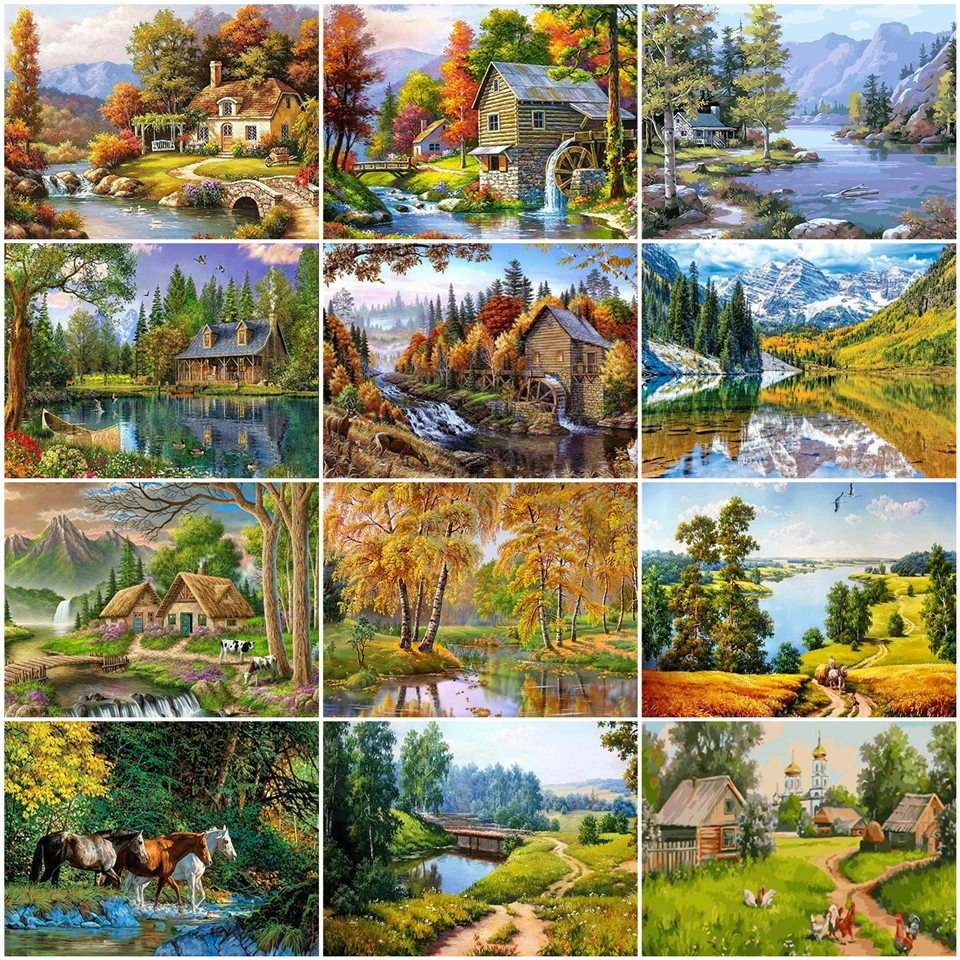 AZQSD взрослых Раскраска по номерам реки DIY Хо акриловые Краски масло ing природных