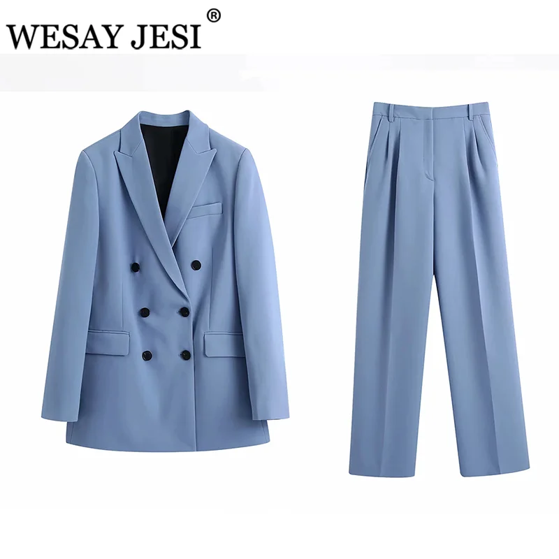 

WESAY JESI Women Office Suit TRAF ZA 2021 Blazer Pantsuit Double Breasted Suit Collar Long Sleeve + Trousers 2 Piece Set Women