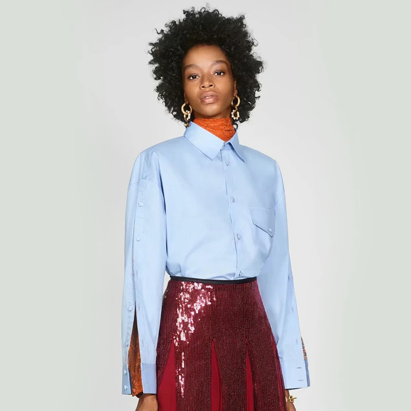 Мода ZA рубашка блузка Осень Зима сплошной цвет длинный синий винтажный шикарный