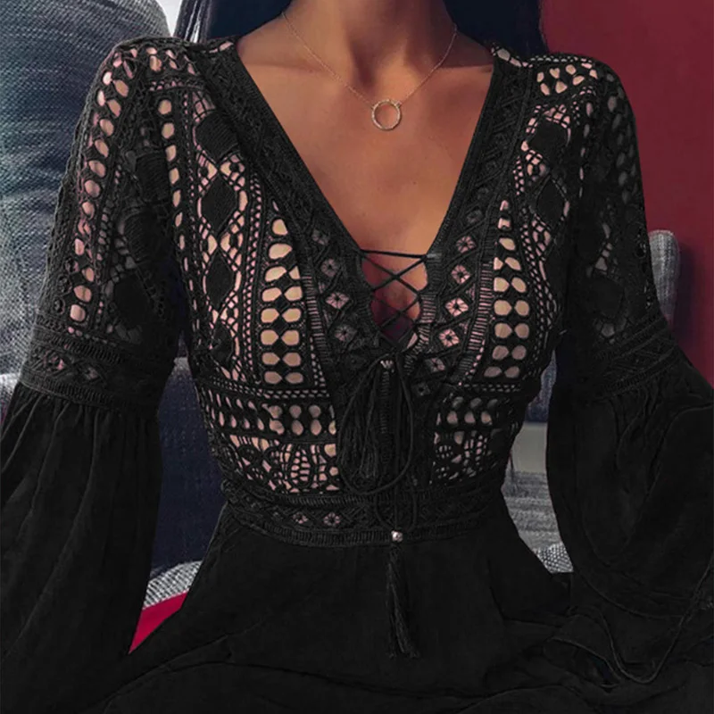 New Summer Fashion V-neck Ladies Dress Solid Lace Sexy Long-sleeved Women's A-line Skirt Retro Beach Sale | Женская одежда