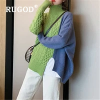 rugod new winter women korean patchwork color female sweater pullovers turtleneck split loose knitted pull fashion female top