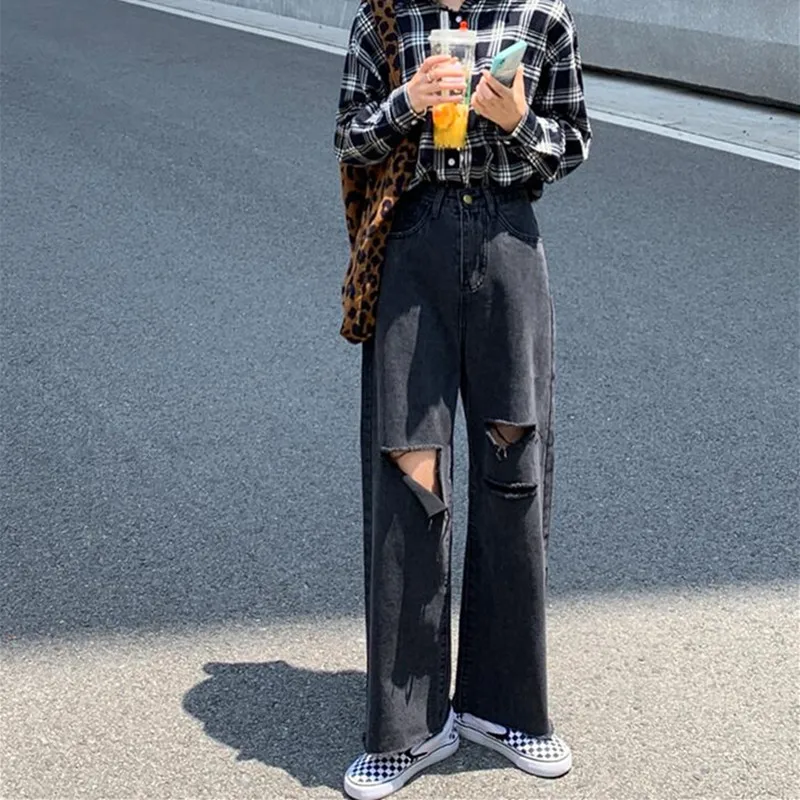 

Woman Jeans Ripped High Waist Clothes Wide Leg Denim Clothing Streetwear Vintage Quality 2021 Fashion Harajuku Straight Pants