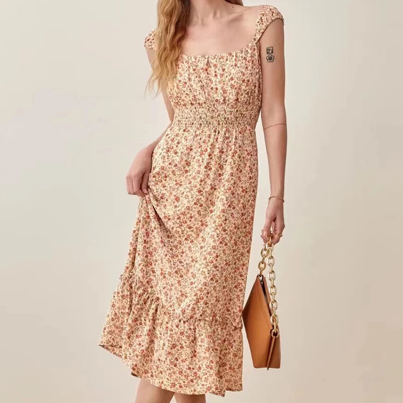 

2021 Summer Women Fashion Floral Dress Vintage Sleeveless Shoulder Strap Square Collar Stretch Waist Long Dress DWDD60584