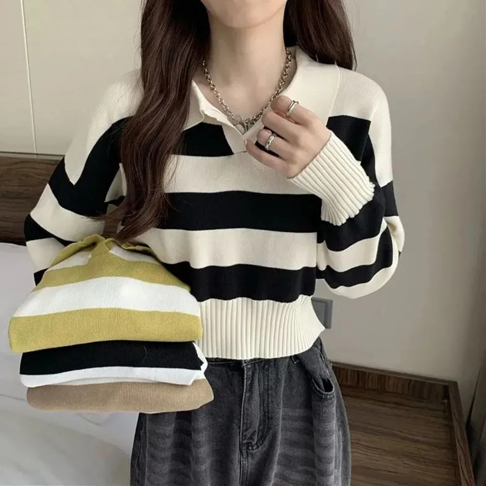 

Korean Version Casual And Chic Autumn Winter Retro Lapel Knit Sweaters Women Wild Polo Collar Striped Pullover Short Tops Female