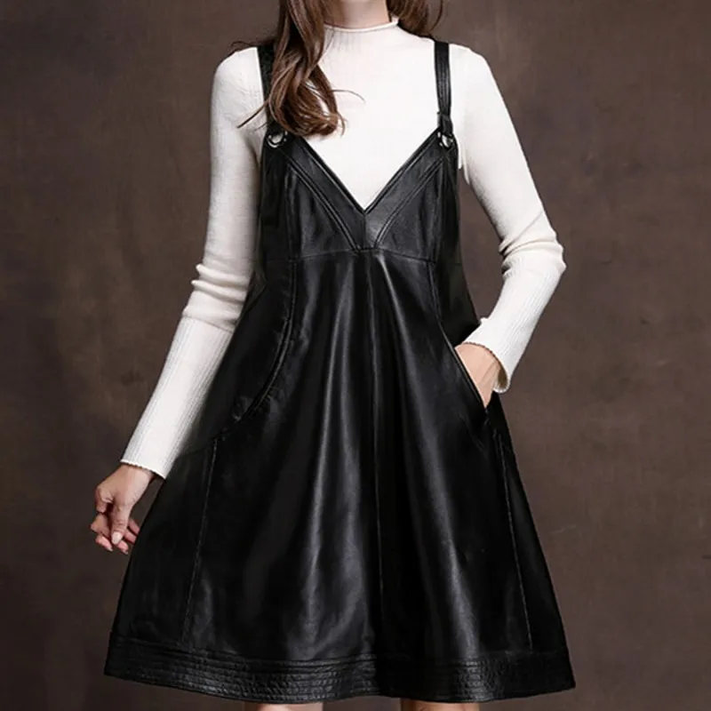 

Leather V-Neck Genuine Dress Female Solid Black Sheepskin Spaghetti Strap Dress Streetwear Sleeveless Loose A-Line Dress M-3XL