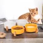 Блюдо керамическое миска для кошек и собак с деревянной подставкой, 2 шт., не проливается, корм для домашних животных, вода, кормушка для кошек, щенков, маленьких собак, миска для кормления питомцев