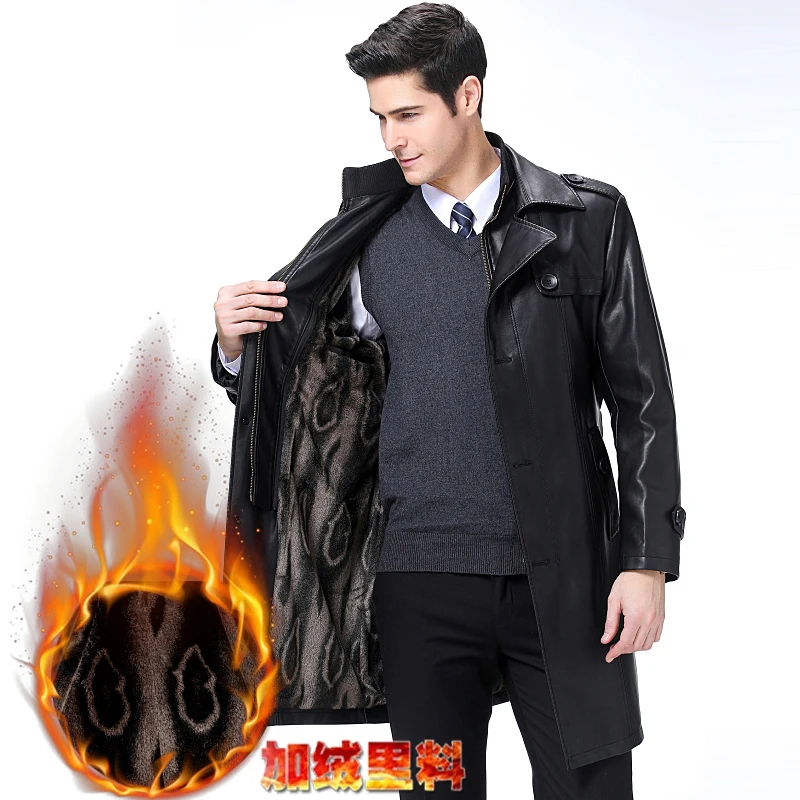 

Casual Black Jacket Men Parka PU Clothing Men's Long Jackets Coats High Quality plus velvet Faux Leather Overcoa