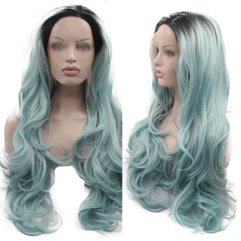 

Free Part Ombre Mint Lime Dark Green Black Long Curly Body Water Wave Frontal Lolita Cosplay Glueless Transparent Lace For Women