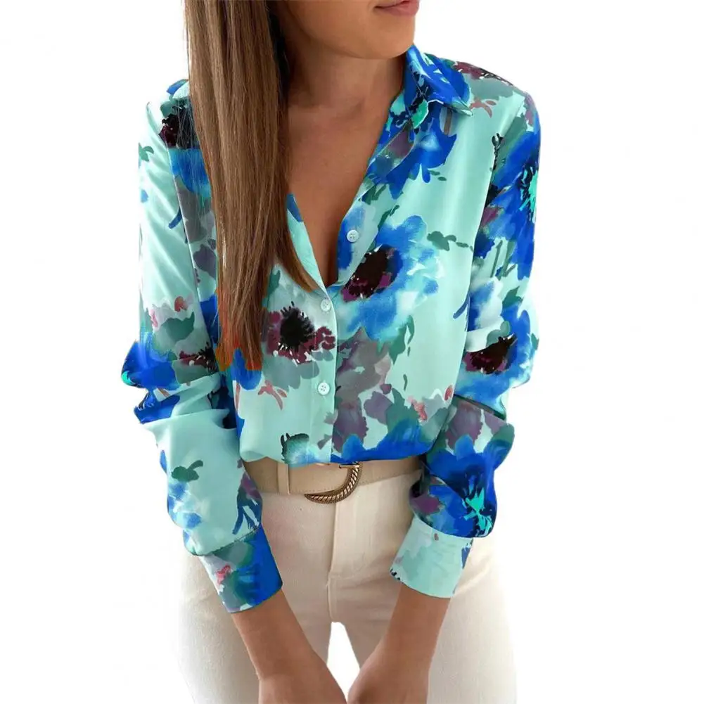 

Рубашка женская однобортная с цветочным принтом, стильная повседневная сорочка с лацканами и длинными рукавами, универсальная уличная оде...