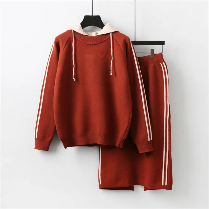 Gowyimmes Autumn Two Piece Women Knitted Sweater+Split Skirt Lady Long Sleeve Hooded Sweaters Tops Female Winter Bottomings 479 | Женская