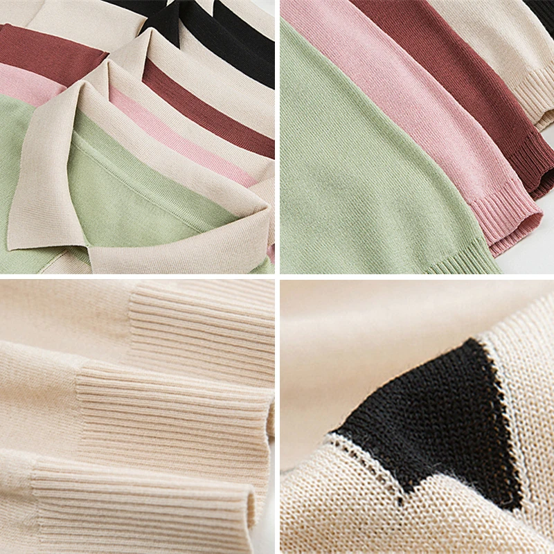 

Summer Patchwork Short Sleeve Knitted Tops Korean Fashion Knitwear T-Shirt Mom's Pullover Tees Female Casual Womens Clothing