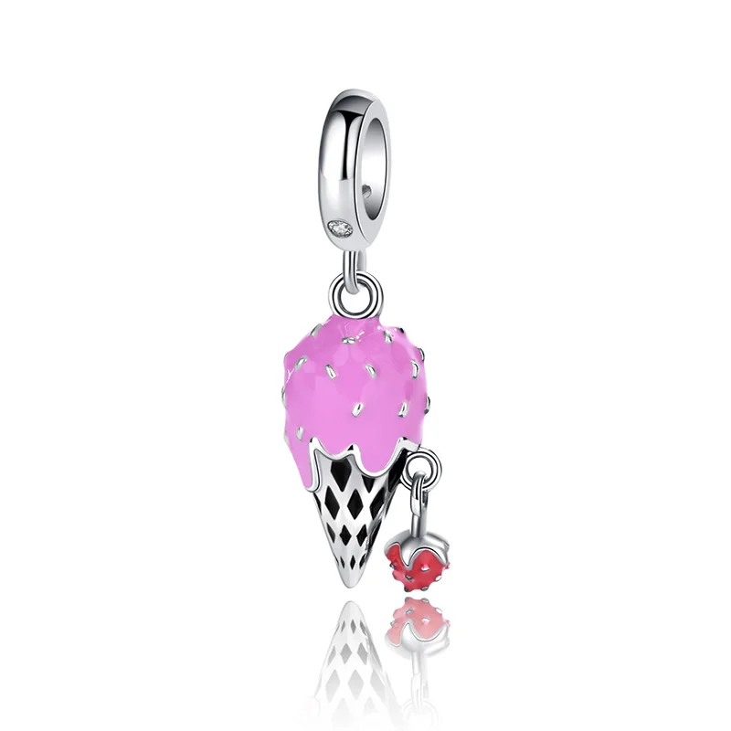 

Fine New 925 Sterling Silver Cute Ice Cream Pendant Charm Pink Enamel Beads Fit Original European Bracelet for Women Gift