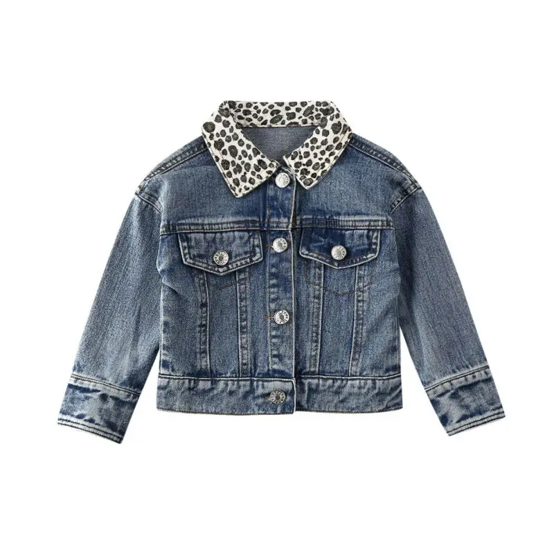 Autumn Coat Infant Baby Girl Jacket Kids Blue Denim Leopard Print Single Breasted Warm Outerwear Children Fashion | Детская одежда и