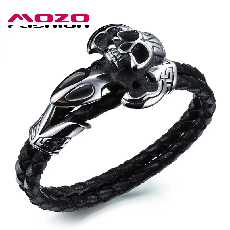

Hot Sale Fashion Jewelry Stainless Steel Skull Bangles Punk Charm Pulseras Black Double Layer Men's Leather Bracelet PS1027