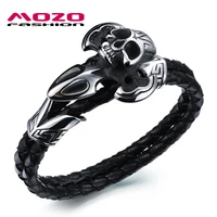 hot sale fashion jewelry stainless steel skull bangles punk charm pulseras black double layer mens leather bracelet ps1027