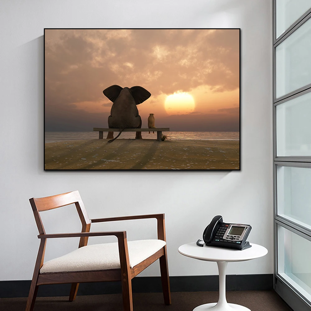 

Funny Elephant Sunset Poster Wall Prints Animal Landscape Canvas Painting Wall Pictures for Kitchen Restaurant Decor No Frame