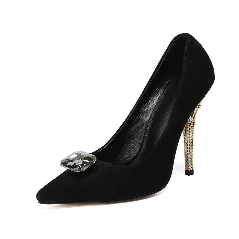 

single shoes women's new diamond button pointed high heels creative suede thin heels women's shoes