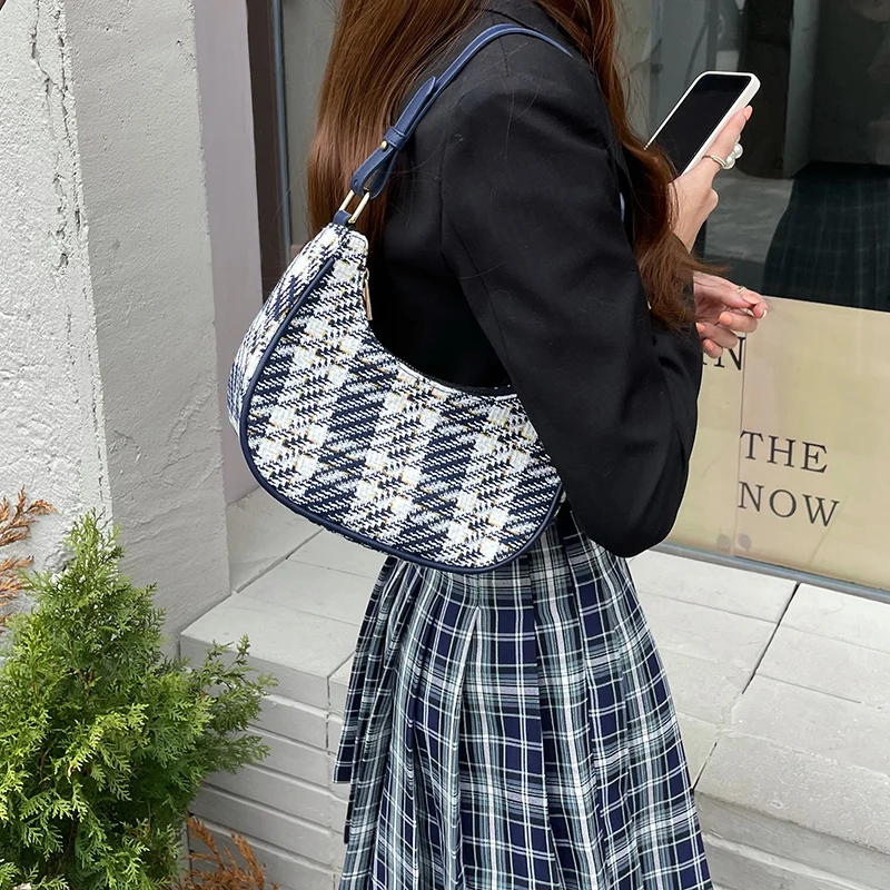 Retro Plaid Women's Hobos Shoulder Messenger Bag Fashion Ladies Half Moon Underarm Bags Vintage Female Small Tote Purse Handbags