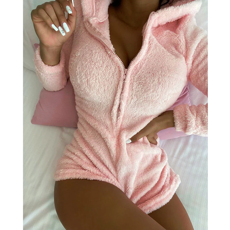 

Sexy Low Cut Zipper Plush Long Sleeve Women Playsuit Rompers Womens Jumpsuit Long Sleeve Women Romper Dropshipping