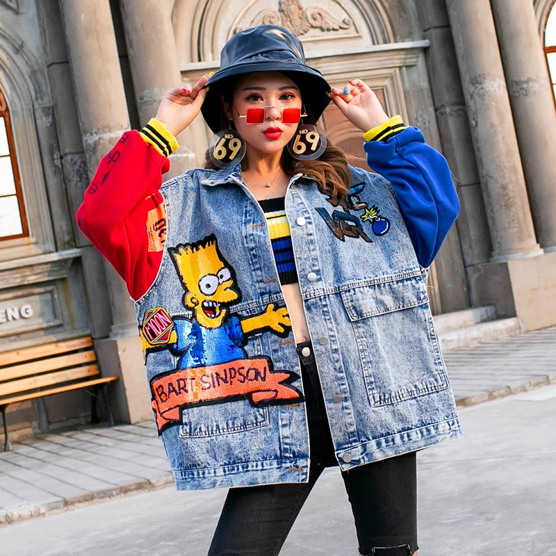 Женская джинсовая куртка с блестками Свободный комбинезон мультяшным принтом в