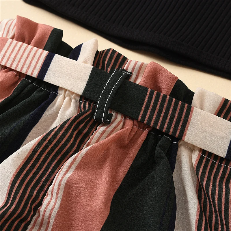 

2Pcs Summer Fashion Clothes Set Baby Kid Girl Black Solid Color Sleeveless Button Strap Vest Top+ Striped Short Pants 1-6Y