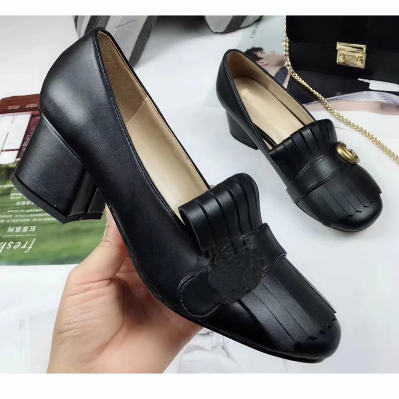 black leather Женские винтажные лоферы из натуральной кожи на высоком каблуке; Рождественский подарок; обувь с отворотами и бахромой; высота каблука 3,3 дюйма; Tacones altos - Цвет: black leather