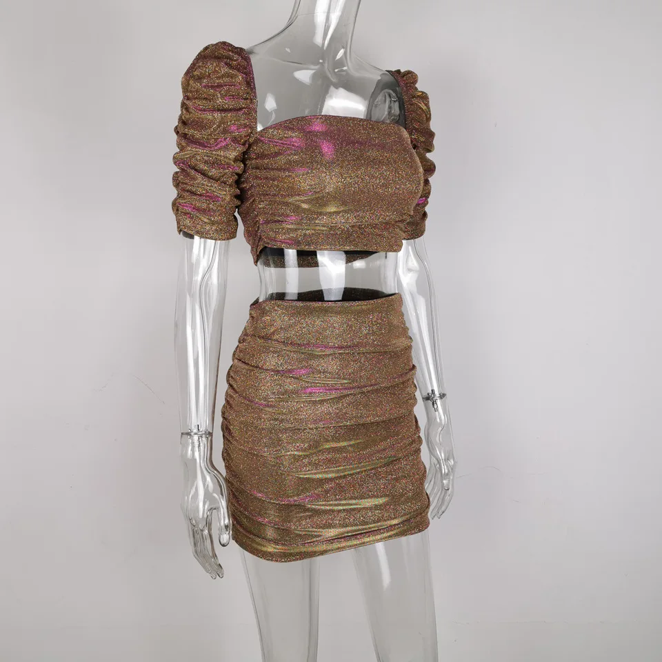 Женский блестящий комплект из двух предметов с вырезом лодочкой короткий топ