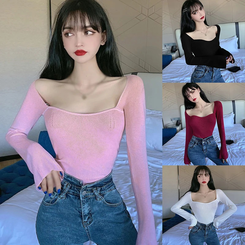 

Women Fashion Solid Color Square Collar Tops Sexy Slim Long Sleeve Sweaters Tops 2021