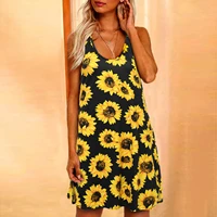 2021 summer sunflower print hollow back sling vest dresses women