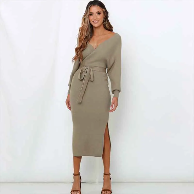 Осень-зима с глубоким v-образным вырезом вязаное изделие Платья-свитеры Для