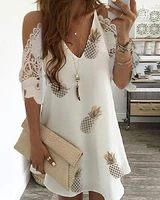 women fashion summer loose dress cold shoulder half sleeve pineapple prined shoulder crochet lace hollow out casual mini dress