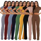 Женский комплект из 2 предметов, укороченный топ с круглым вырезом и длинные брюки, привлекательный осенний спортивный костюм с коротким рукавом, комплект для женщин 2021