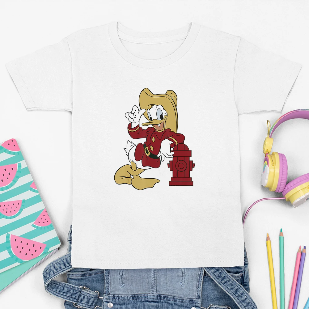 Camiseta Kawaii de Disney para ni&ntilde;os de las cuatro estaciones, Camiseta con estampado de dibujos animados de Pato Donald, c&oacute;moda, de manga corta con cuello redondo, novedad de verano-4