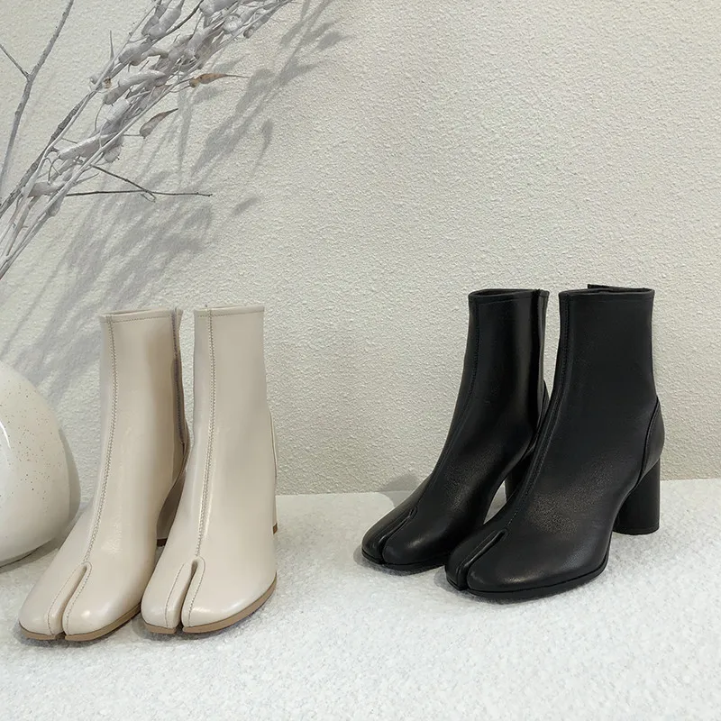 

HKJL Spring and autumn single boots female thick with 2019 new split toe shoes leather short boots high-heeled Martin boots Z070
