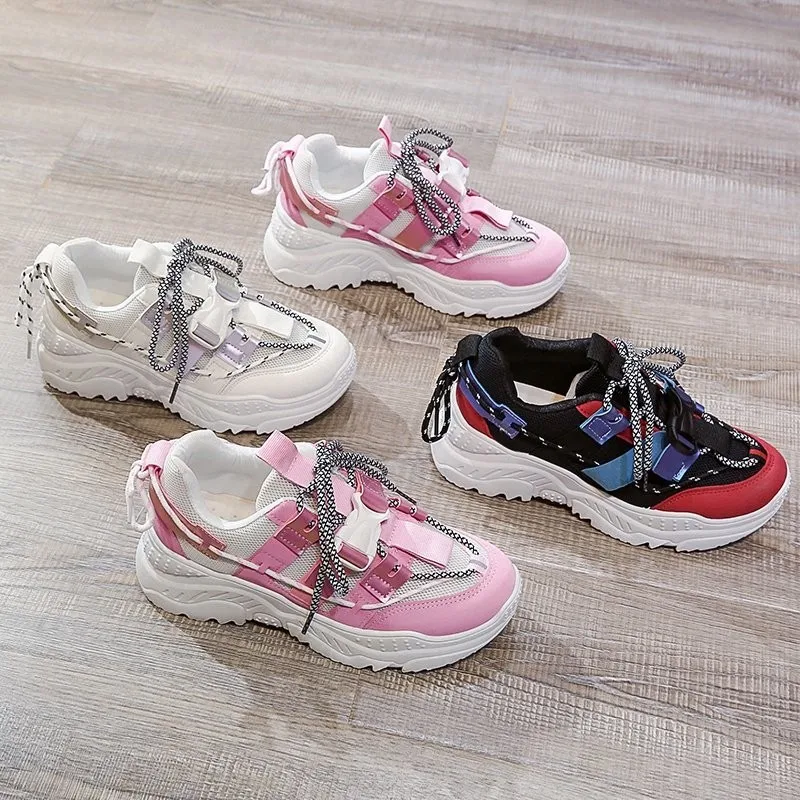 

Women Chunky Sneakers Lace-Up Mixed Pink Colors Breathable Mesh Buckle Comfortable White Thick Sole Versatile Shoes